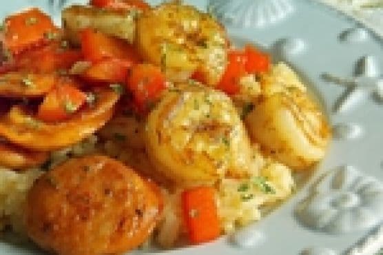 Shrimp and Andioulle Chicken Sausage Stir-Fry with Seafood Infused Jasmine Rice