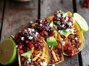 Chipotle Quinoa Sweet Potato Tacos with Roasted Cranberry Pomegranate Salsa