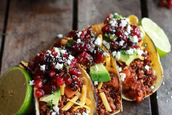 Chipotle Quinoa Sweet Potato Tacos with Roasted Cranberry Pomegranate Salsa