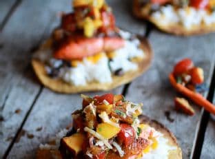 Caribbean Jerk Salmon Tostadas with Grilled Pineapple Peach Coconut Salsa