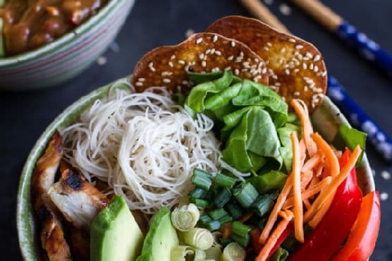 Deconstructed Vietnamase Chicken, Avocado + Lemongrass Spring Roll Salad