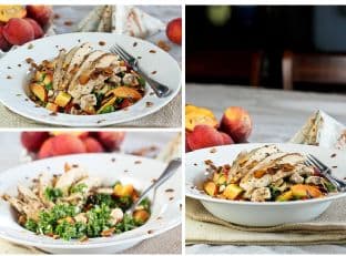 Kale, Chicken and Peach Salad, with just what it takes of Candied Almonds