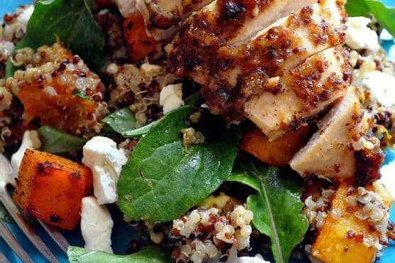 Mustard Crusted Chicken over Quinoa & Roasted Pumpkin Salad