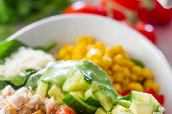 Chicken Spinach Salad with Avocado Cilantro Dressing