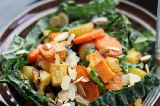 Miso-Harissa Roasted Carrot, Squash, and Two-Potato Salad