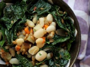 Fried Spelt Berries with Pickled Carrots, Kale and Eggplant