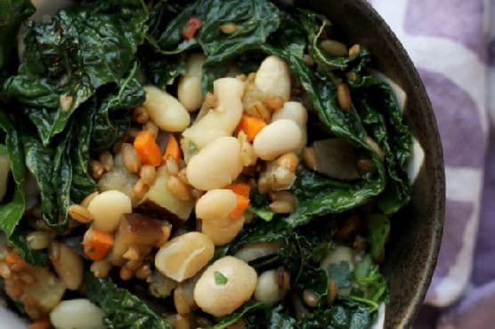 Fried Spelt Berries with Pickled Carrots, Kale and Eggplant
