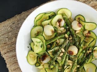 Balsamic Roasted Pearl Onions, Asparagus & Toasted Pine Nuts with Zucchini Pasta