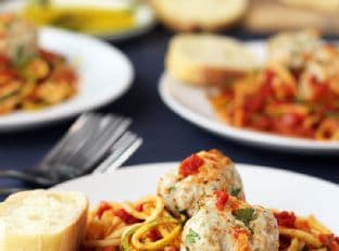 Fire Roasted Tomato Zucchini Pasta with Turkey Meatballs