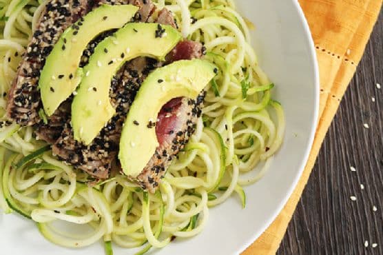 Sesame Crusted Tuna & Avocado with Spicy Sesame Zucchini Noodles