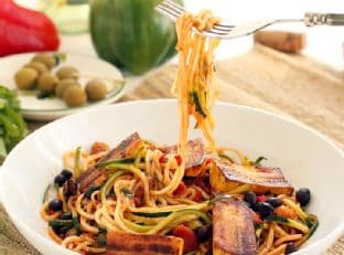 Sofrito Zucchini Pasta with Beans and Lightly Fried Plantains