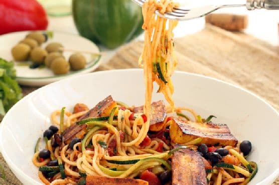 Sofrito Zucchini Pasta with Beans and Lightly Fried Plantains