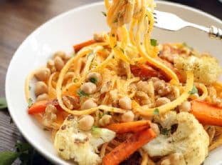 Herbed Ricotta Butternut Squash Noodles with Walnuts, Chickpeas and Cumin-Roasted Carrots and Cauliflower
