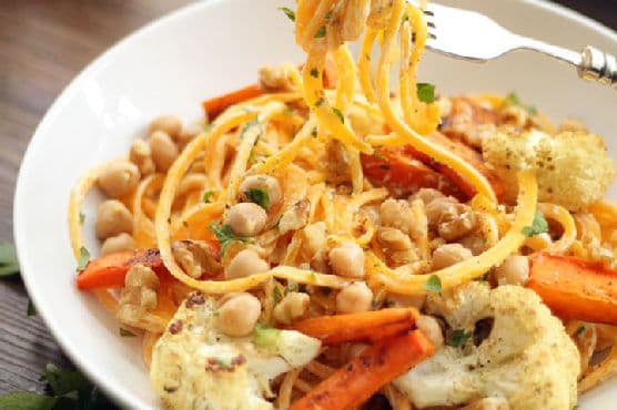 Herbed Ricotta Butternut Squash Noodles with Walnuts, Chickpeas and Cumin-Roasted Carrots and Cauliflower