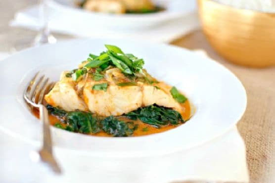 Thai Coconut Curry Poached Barramundi + Sautéed Spinach