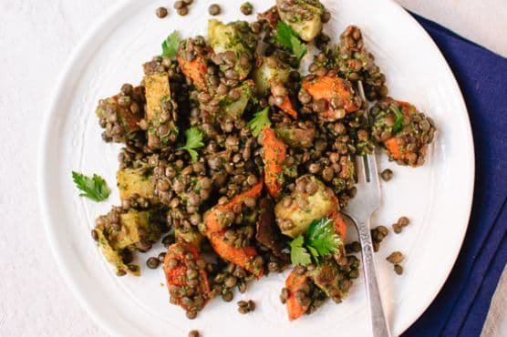 Roasted Carrot and Potato, Lentils and Miso Parsley Sauce
