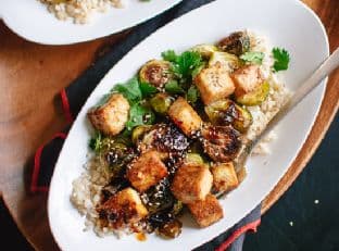 Roasted Brussels Sprouts and Crispy Baked Tofu with Honey-Sesame Glaze
