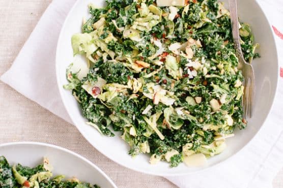 Raw Kale and Brussels Sprouts Salad with Tahini-Maple Dressing