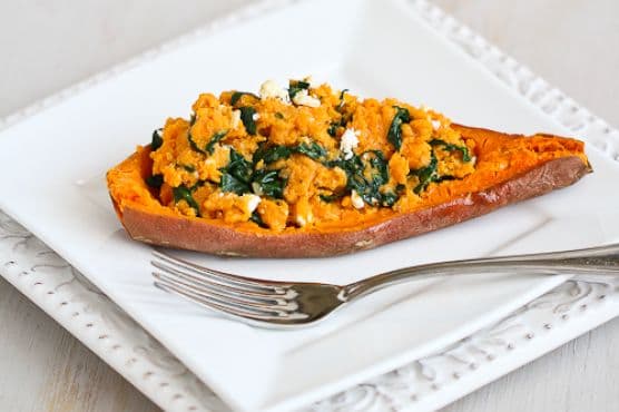 Stuffed Sweet Potato with Spinach, Hummus & Feta