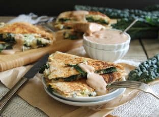 Smashed white bean and kale quesadillas with creamy bbq dip