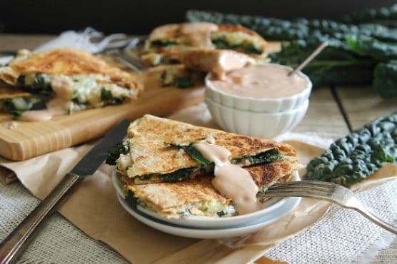 Smashed white bean and kale quesadillas with creamy bbq dip