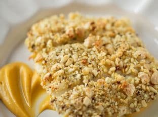 Spiced Almond Crusted Halibut with Pumpkin Sweet Potato Puree