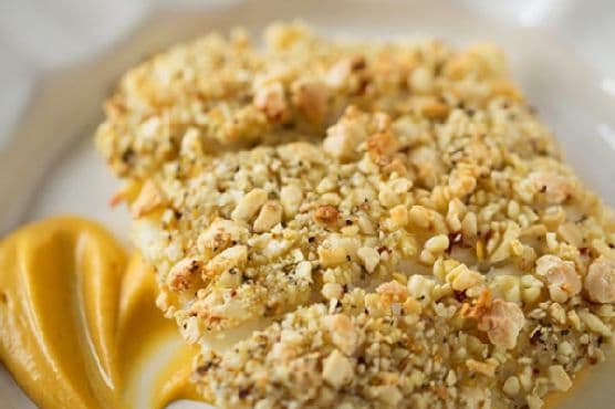 Spiced Almond Crusted Halibut with Pumpkin Sweet Potato Puree