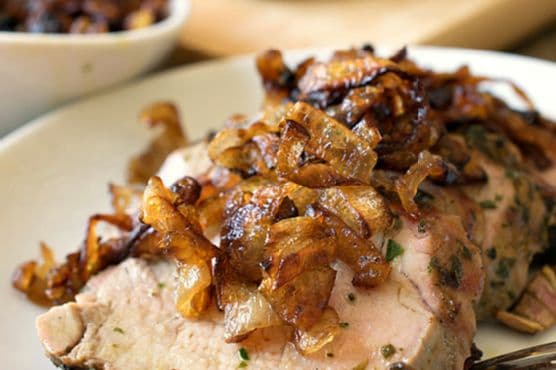 Herb Crusted Grilled Pork Tenderloin with Crispy Shallots