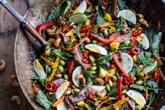Thai Steak Salad with Sweet + Spicy Tahini Dressing and Sesame Chili-Lime Cashews