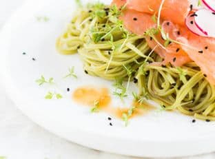 Green tea noodles with smoked salmon and a pickled ginger dressing