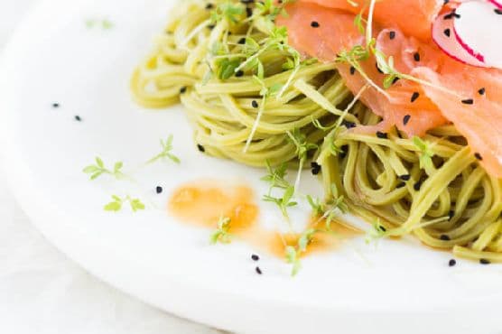 Green tea noodles with smoked salmon and a pickled ginger dressing
