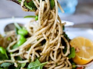 Pesto Pasta with Lemon, Spinach, Edamame & Toasted Almonds