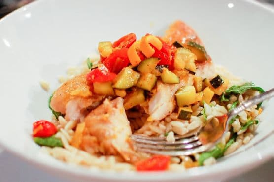 Reckless Abandon: Pan Seared Snapper with Citrus Saffron Vegetables over Arugula Orzo