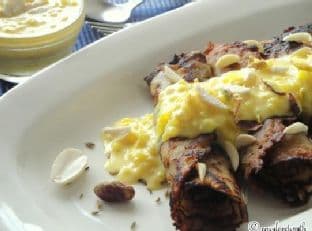 SAFFRON INFUSED RICE PUDDING WITH SWEETENED WHOLE WHEAT PANCAKES