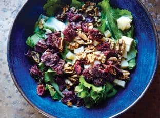 Escarole with Confit Duck Gizzards, Comté, and Walnuts