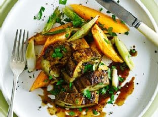 Miso-roasted aubergine steaks with sweet potato