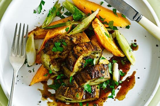 Miso-roasted aubergine steaks with sweet potato