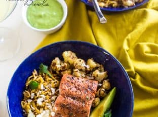 Caribbean Baked Salmon Plantain Noodle Bowls with Coconut Avocado Sauce {Paleo}