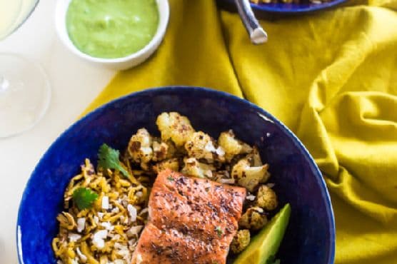 Caribbean Baked Salmon Plantain Noodle Bowls with Coconut Avocado Sauce {Paleo}