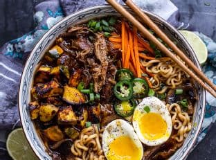 Crockpot Caramelized Pork Ramen Noodle Soup with Curry Roasted Acorn Squash
