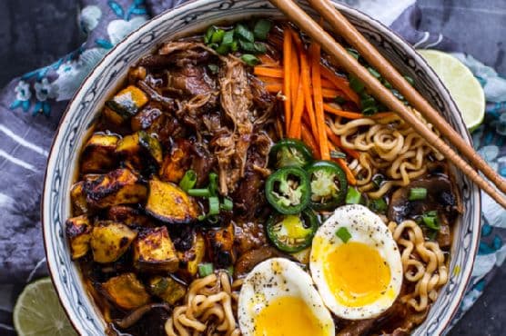 Crockpot Caramelized Pork Ramen Noodle Soup with Curry Roasted Acorn Squash
