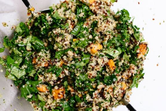 Quinoa Salad with Roasted Sweet Potato, Kale & Pesto Vinaigrette