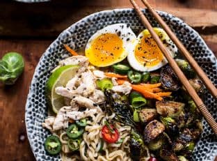 30 Minute Chicken Ramen with Miso Roasted Brussels Sprouts + Ginger Butter