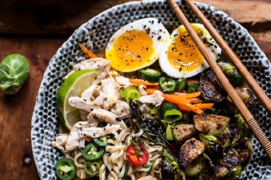 30 Minute Chicken Ramen with Miso Roasted Brussels Sprouts + Ginger Butter