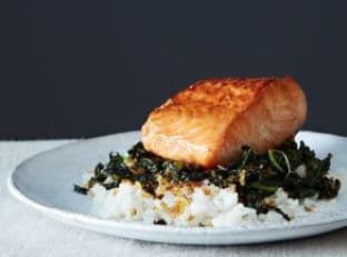 Crispy Coconut Kale with Roasted Salmon and Coconut Rice