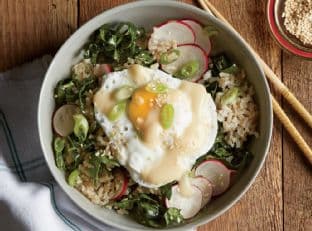 Brown Rice Bowl with Miso, Poached Egg, and Kale-Radish Slaw