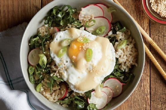 Brown Rice Bowl with Miso, Poached Egg, and Kale-Radish Slaw