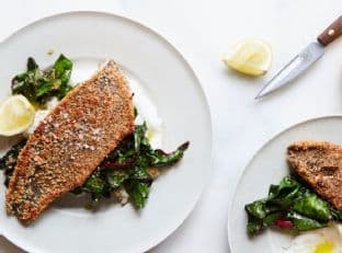 Almond-Crusted Trout with White Grits and Swiss Chard