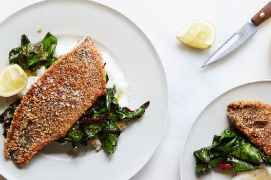 Almond-Crusted Trout with White Grits and Swiss Chard