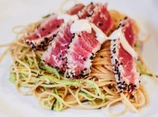 Reckless Abandon: Seared Ahi Tuna on a Bed of Zucchini Ribbons and Whole Wheat Pasta with Spicy Sauce